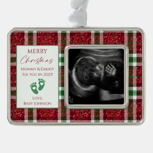 Red White & Green Plaid New Baby Ultrasound Silver Plated Framed Ornament