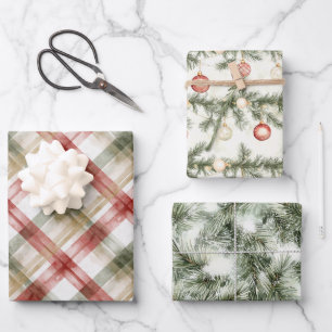 Red White Green Plaid Stripes Christmas Tree Wrapping Paper Sheet