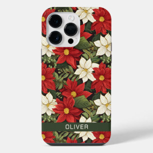 Red White Green Poinsettia Flowers Pattern iPhone 14 Pro Max Case