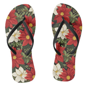 Red White Green Poinsettia Flowers Pattern Jandals