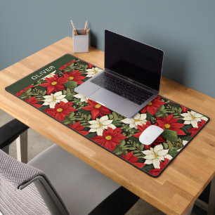Red White Green Poinsettia Flowers Pattern Name Desk Mat