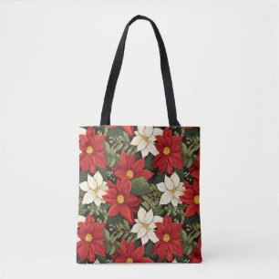 Red White Green Poinsettia Flowers Pattern Tote Bag