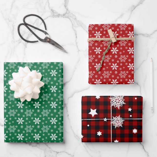 Red White Green Snowflake Christmas Holiday  Wrapping Paper Sheet (Front)