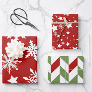 RED WHITE GREEN SNOWFLAKES STARS STRIPES WRAPPING PAPER SHEET