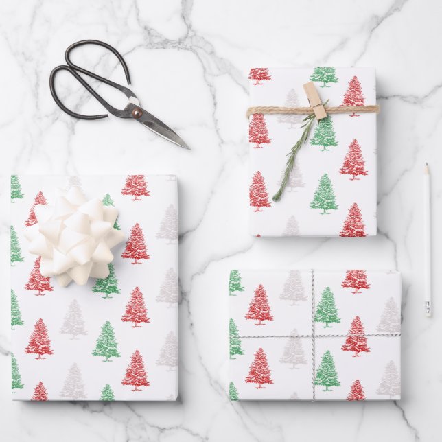 Red White Green Stamped Small Christmas Trees Wrapping Paper Sheet (Front)