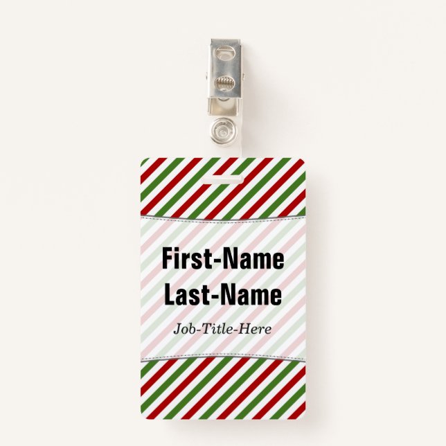 Red, White & Green Striped Pattern; Custom Name ID Badge (Front with Clip)
