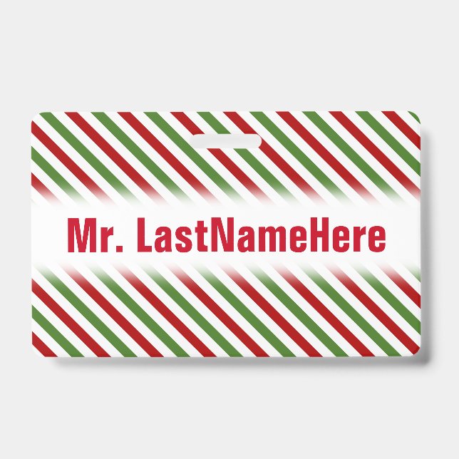 Red, White & Green Striped Pattern + Teacher Name ID Badge (Front)
