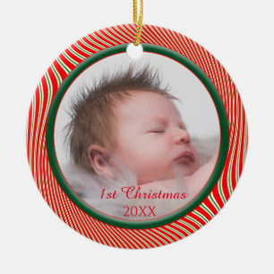 Red White Green Swirled Stripes Photo Christmas Ceramic Tree Decoration