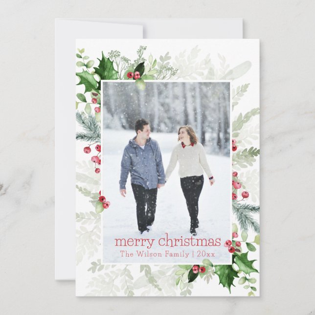 Red White Greenery Photo Merry Christmas Holiday Card (Front)
