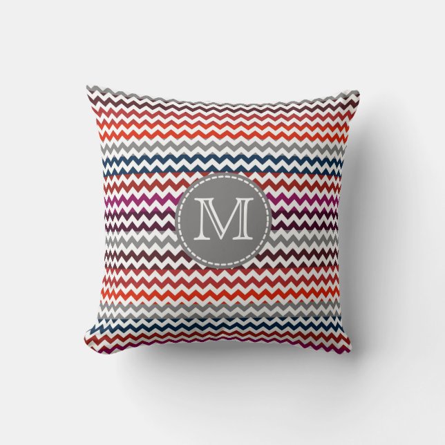 Red White Grey Chevron Zigzag Monogram Cushion (Front)