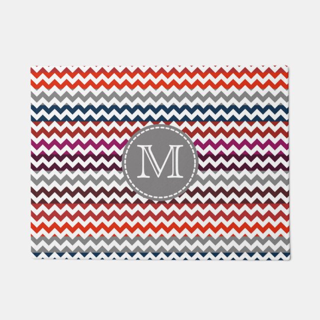 Red White Grey Chevron Zigzag Monogram Doormat (Front)