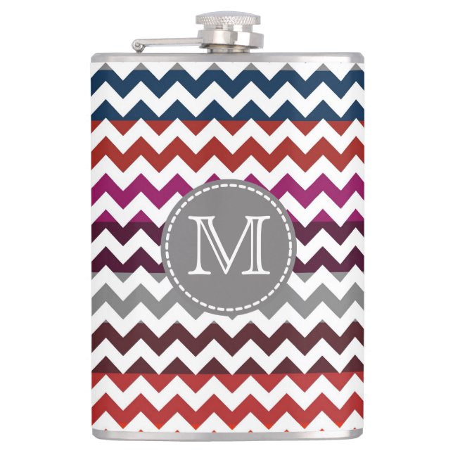 Red White Grey Chevron Zigzag Monogram Hip Flask (Front)