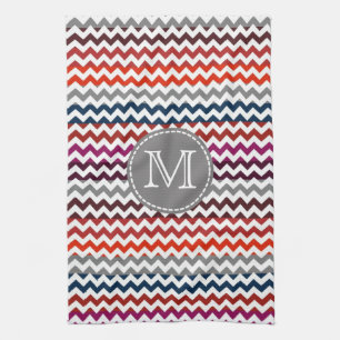 Red White Grey Chevron Zigzag Monogram Tea Towel