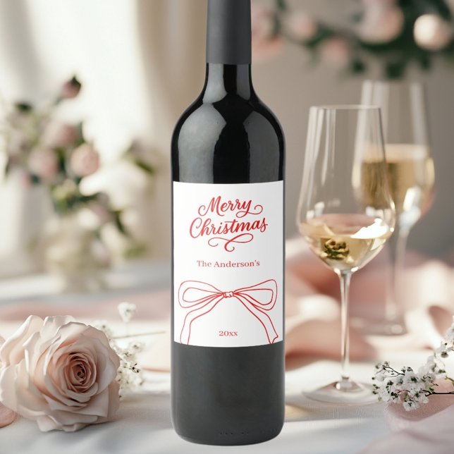 Red white hand-drawn bow Christmas Wine Label (Creator Uploaded)