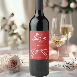 Red white hand-drawn bow Christmas Wine Label