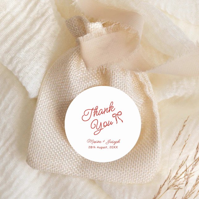 Red & White Hand Drawn Bow Wedding Classic Round Sticker (Red and white bow wedding stickers add a charming personal touch to favors and gifts.)