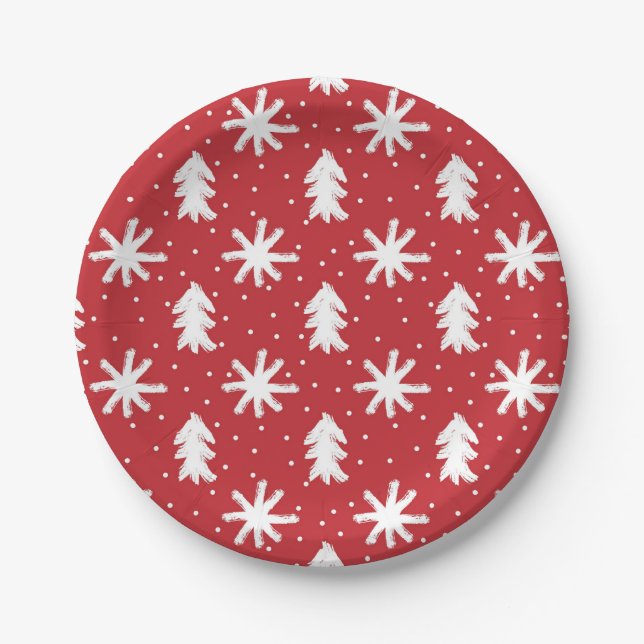 Red White Hand Drawn Christmas Tree Snowflakes Paper Plate (Front)