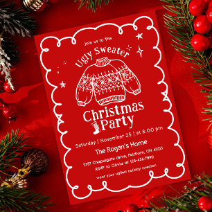 Red & White Hand Drawn Ugly Sweater Christmas Invitation