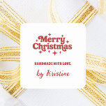 Red white handmade by Christmas gift wrapping Square Sticker<br><div class="desc">White background,  and a red text.   Text: Merry Christmas,  and Handmade with love with a retro 70's style font.</div>
