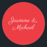 Red & White Handwriting Couple Names Wedding Classic Round Sticker<br><div class="desc">You Can Easily Change the Fonts,  Background Image and Colour,  Letter Characters.</div>