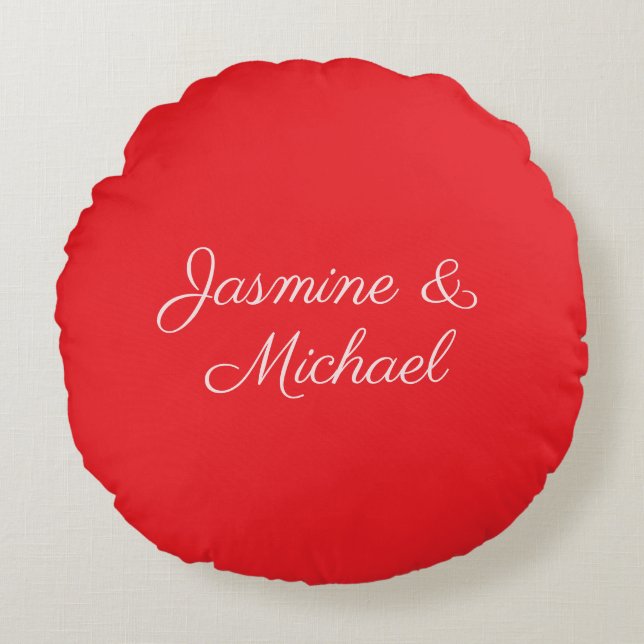 Red & White Handwriting Couple Names Wedding Round Cushion (Front)