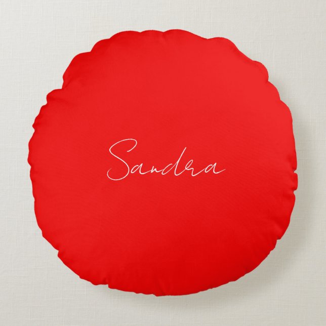 Red White Handwritten Minimalist Your Name Round Cushion (Front)