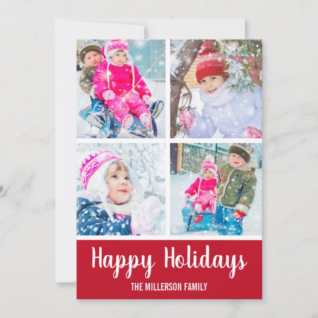 Red White Happy Holidays 4 Photo Invitation (Front)