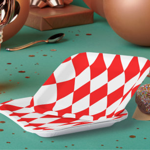 Red White Harlequin Diamonds Checkers Design  Paper Plate