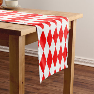 Red White Harlequin Diamonds Checkers Design Short Table Runner