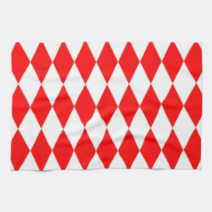 Red White Harlequin Diamonds Checkers Design Tea Towel
