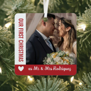 Red White Heart 1st Christmas Mr & Mrs Photo Metal Tree Decoration