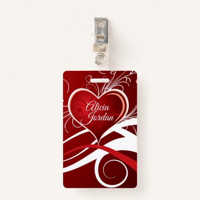 Red White Heart And Swirls ID Badge (Front with Clip)