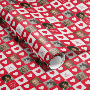 Red White Heart Chequerboard with Photos Valentine Wrapping Paper