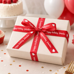 Red White Heart Happy Birthday Custom Name Satin Ribbon