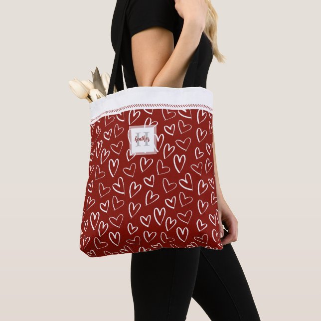 Red White Heart Pattern Monogram Tote Bag (Close Up)