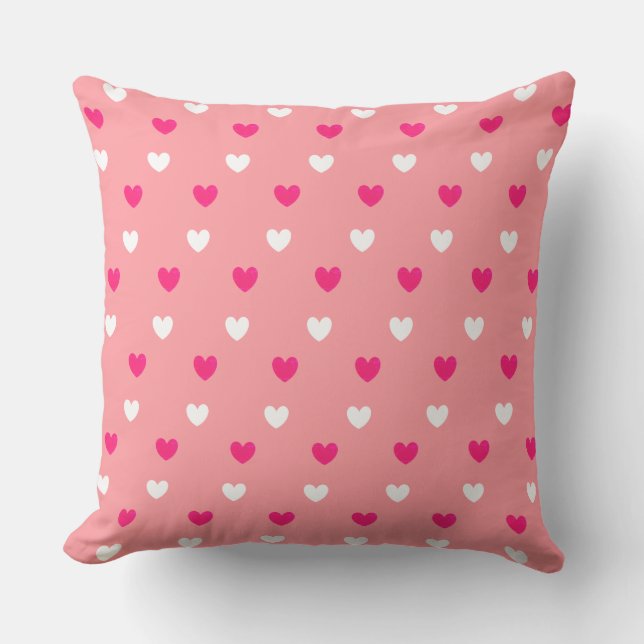 Red & White Heart Pattern on Coral Pink Cushion (Front)