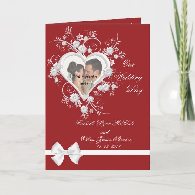 Red & White Heart Wedding Photo Card 5x7 (Front)