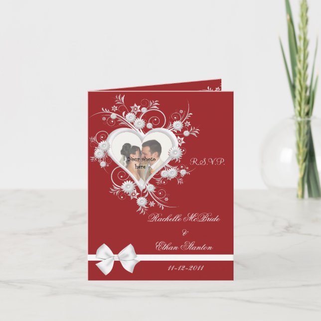 Red & White Heart Wedding Photo RSVP Note Cards (Front)