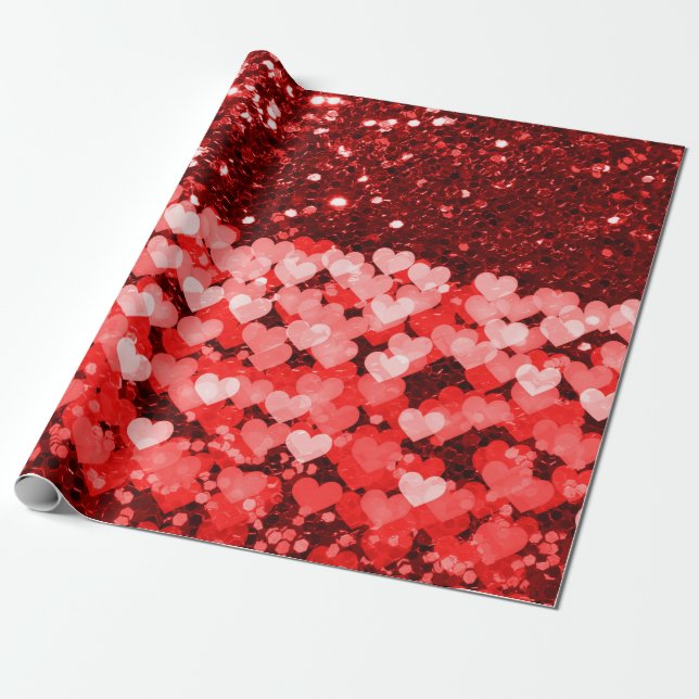Red & White Hearts Faux Glitter Wrapping Paper (Unrolled)