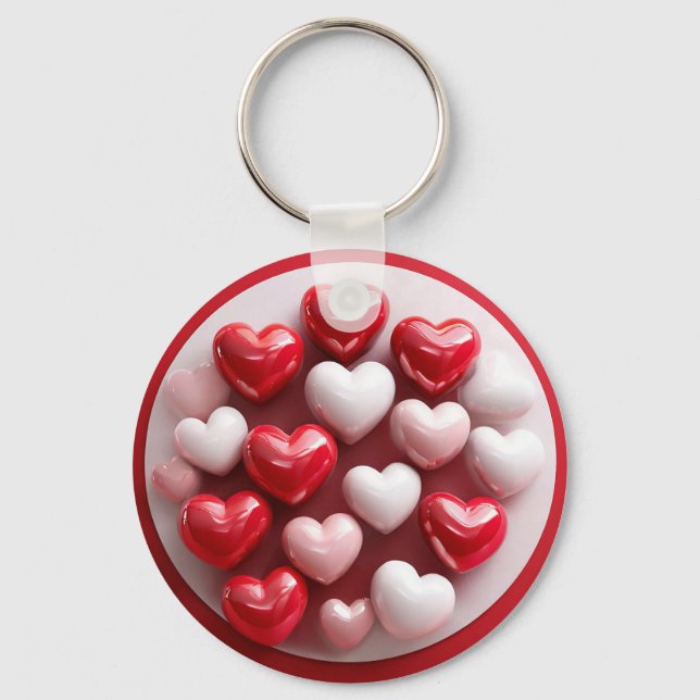 ❤️ Red White Hearts Glossy Love Charm Keychain 🔑 (Front)