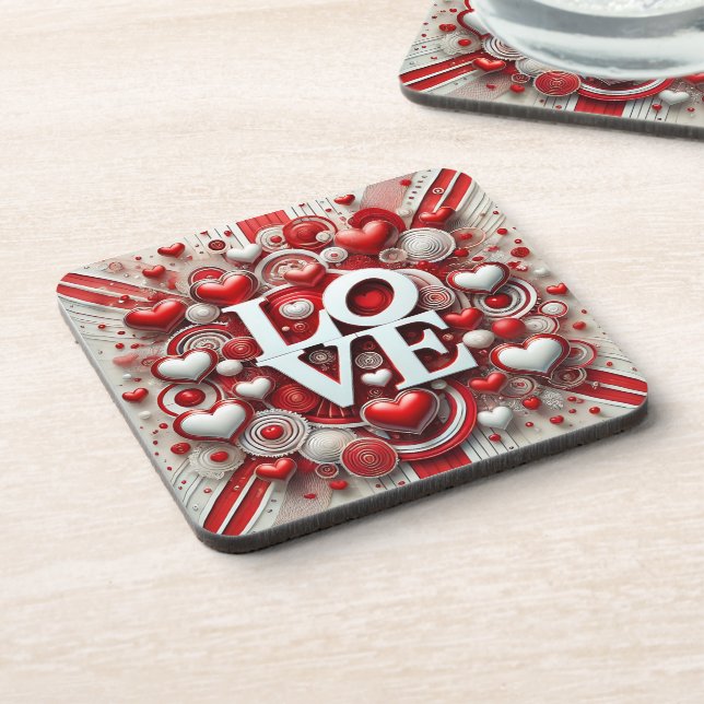 Red White Hearts Love Typography Valentine's Day  Coaster (Left Side)