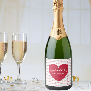 Red white hearts name Valentine's Day Sparkling Wine Label