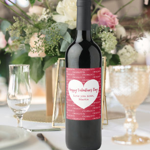 Red white hearts name Valentine's Day Wine Label