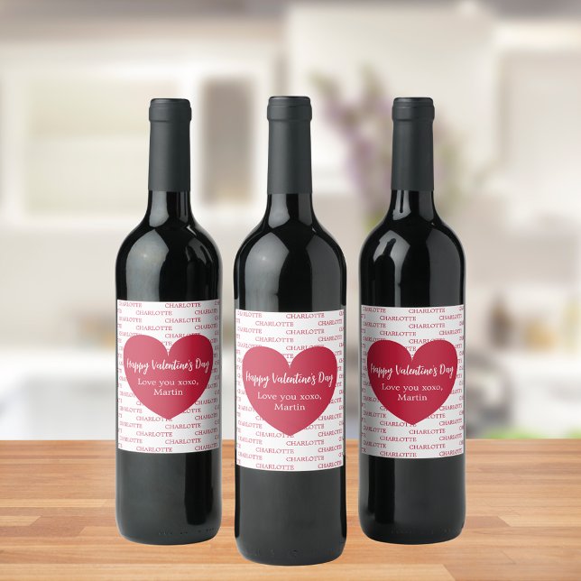 Red white hearts name Valentine's Day Wine Label (Creator Uploaded)
