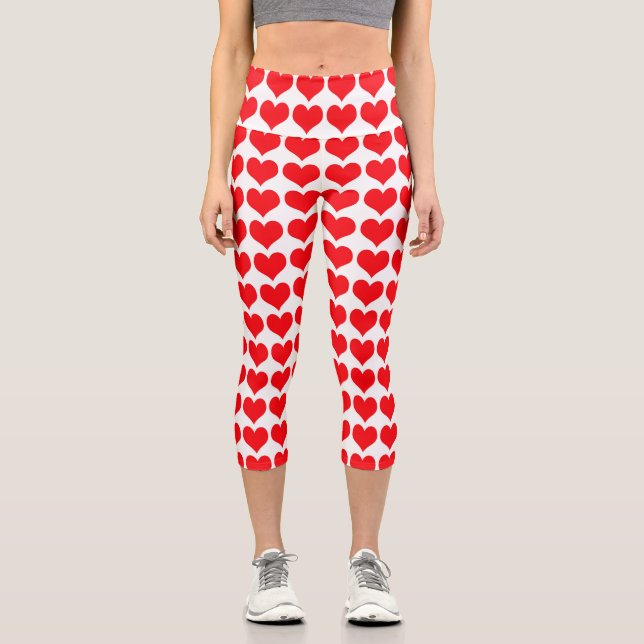 Red White Hearts Pattern Capri Leggings (Front)