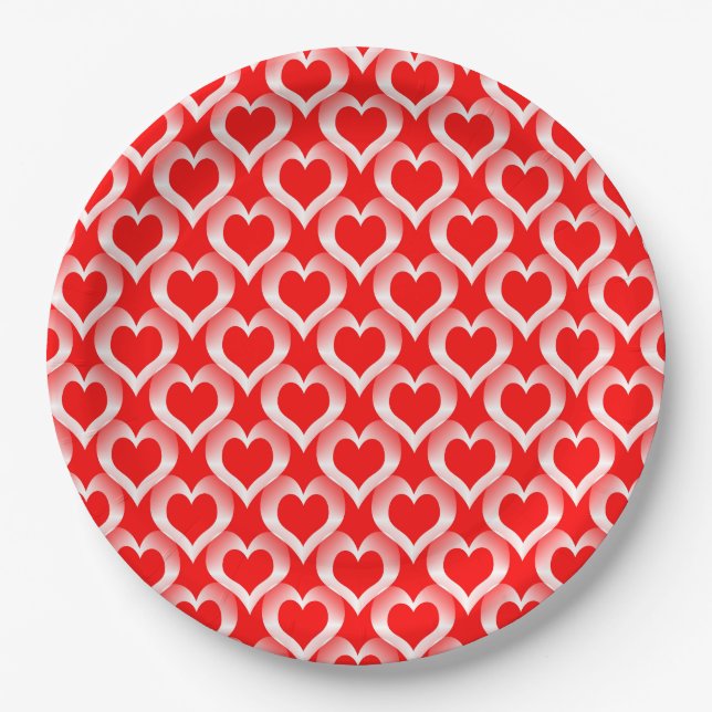 Red White Hearts Pattern Paper Plate (Front)