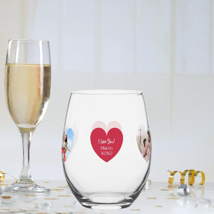 Red white hearts photo name love you stemless wine glass