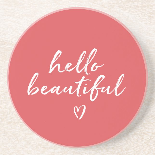 Red White Hello Beautiful Inspirational Heart Coaster (Front)