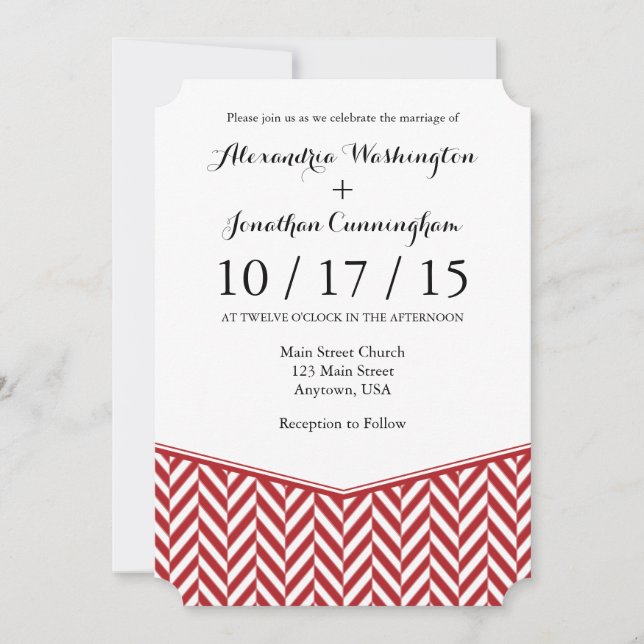 Red White Herringbone Wedding Invitation (Front)