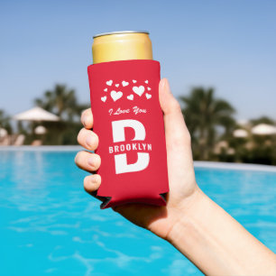 Red White Hipster Monogram Happy Valentine's Day Seltzer Can Cooler